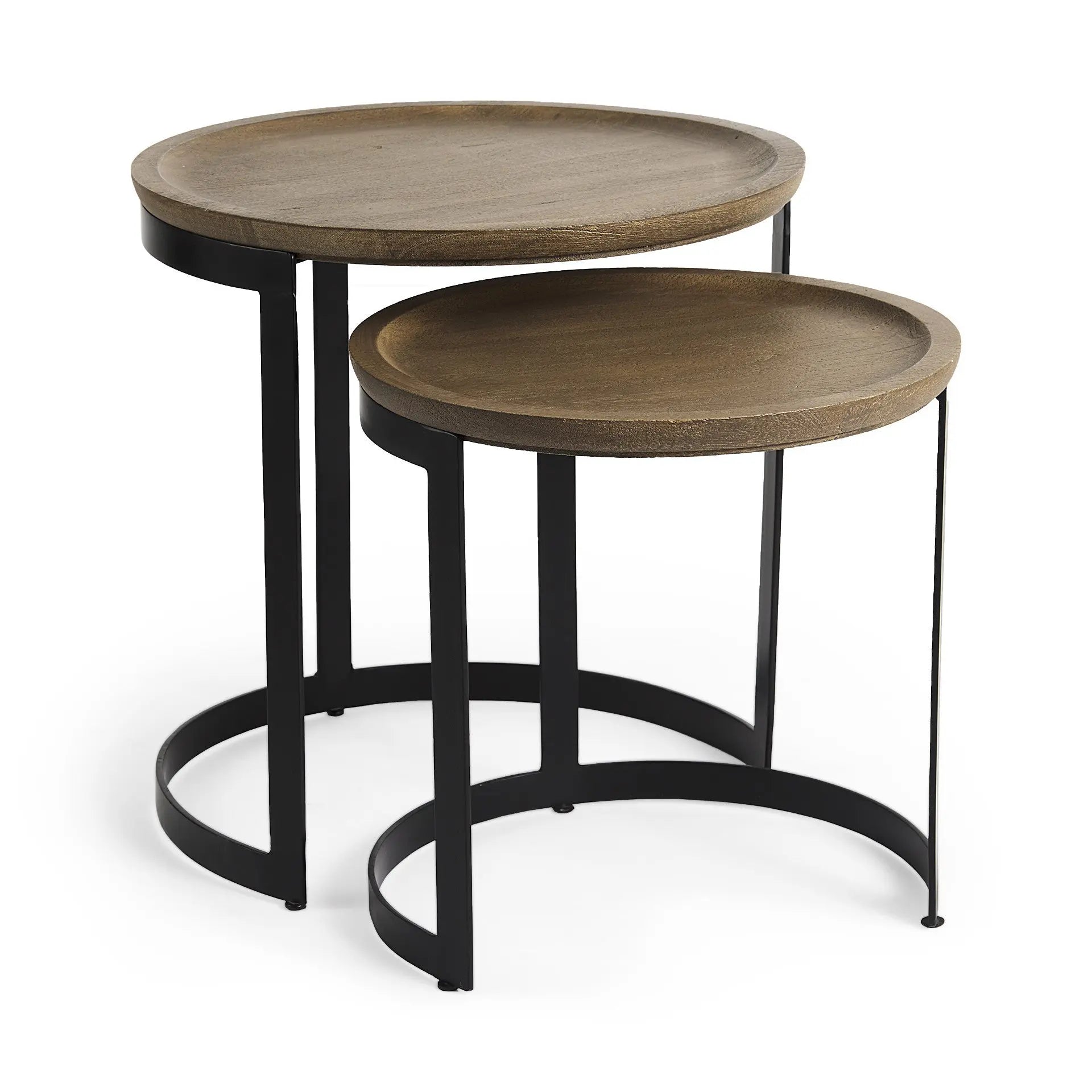 Set of Two Brown and Black Solid Wood and Iron Round Nested Tables Homeroots Living Room