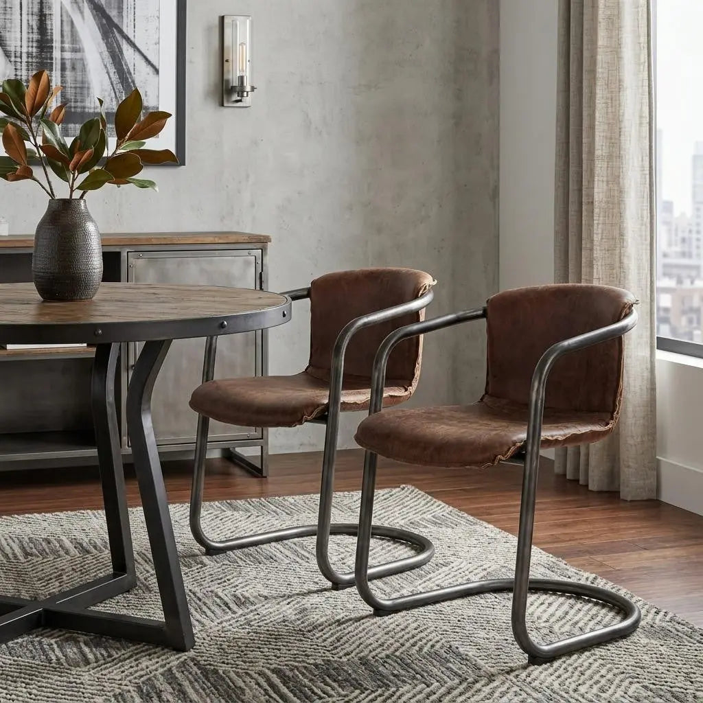 Set of Two Brown and Silver Leather Dining Arm Chairs Homeroots Kitchen & Dining