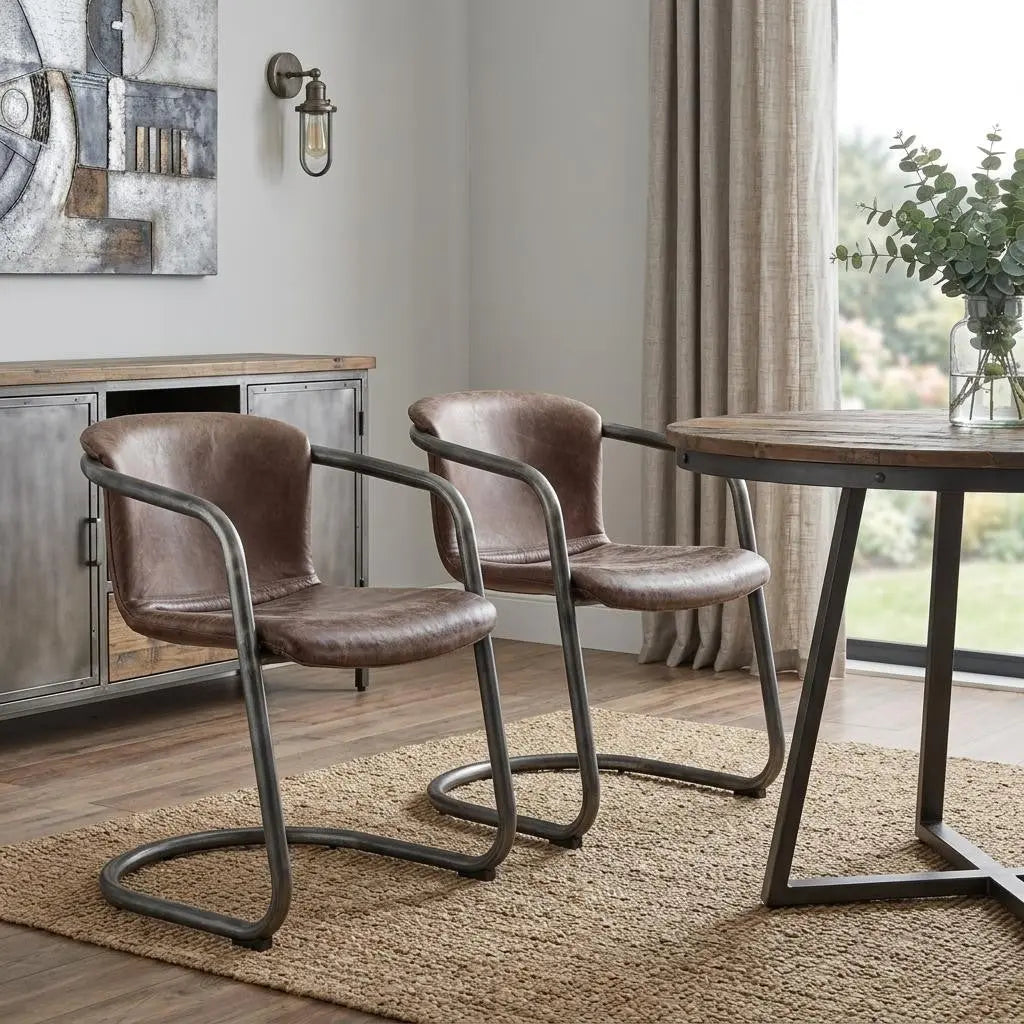 Set of Two Brown and Silver Leather Dining Arm Chairs Homeroots Kitchen & Dining