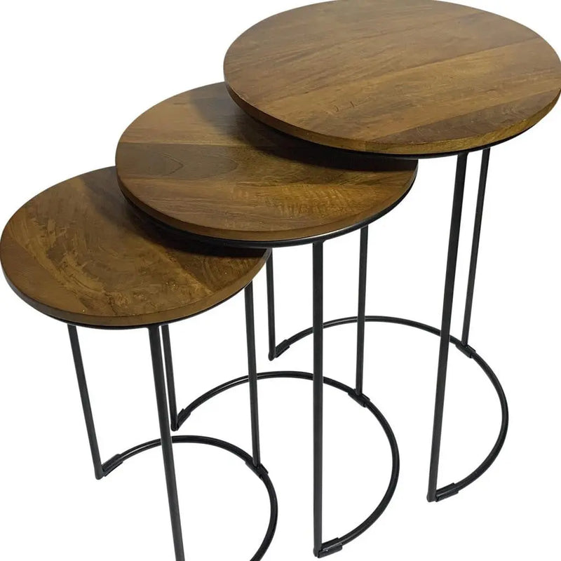 Set of Two Chestnut and Black Solid Wood and Metal Round Frame Nested Tables Homeroots Living Room