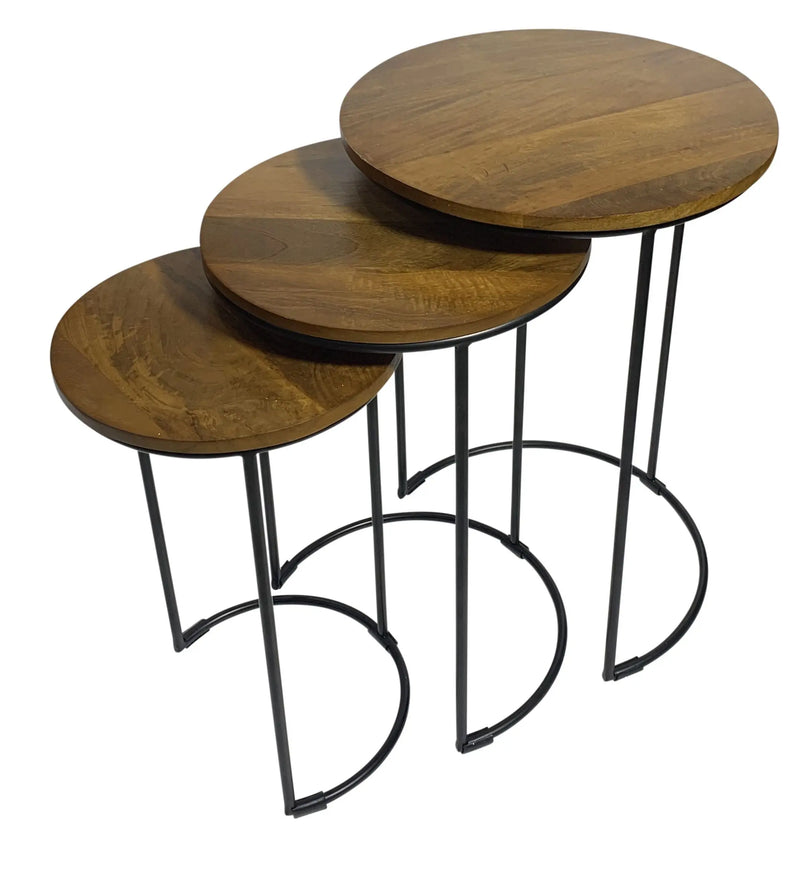 Set of Two Chestnut and Black Solid Wood and Metal Round Frame Nested Tables Homeroots Living Room