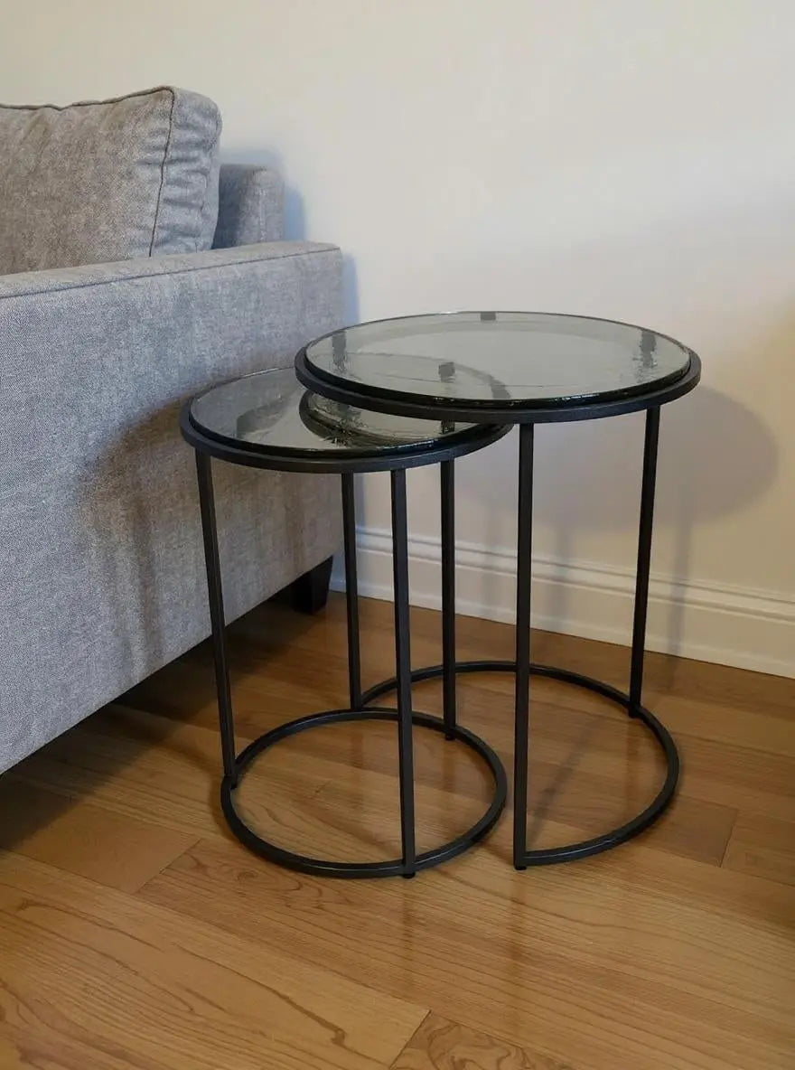 Set of Two Clear and Gunmetal Glass and Iron Round Frame Nested Tables Homeroots Living Room