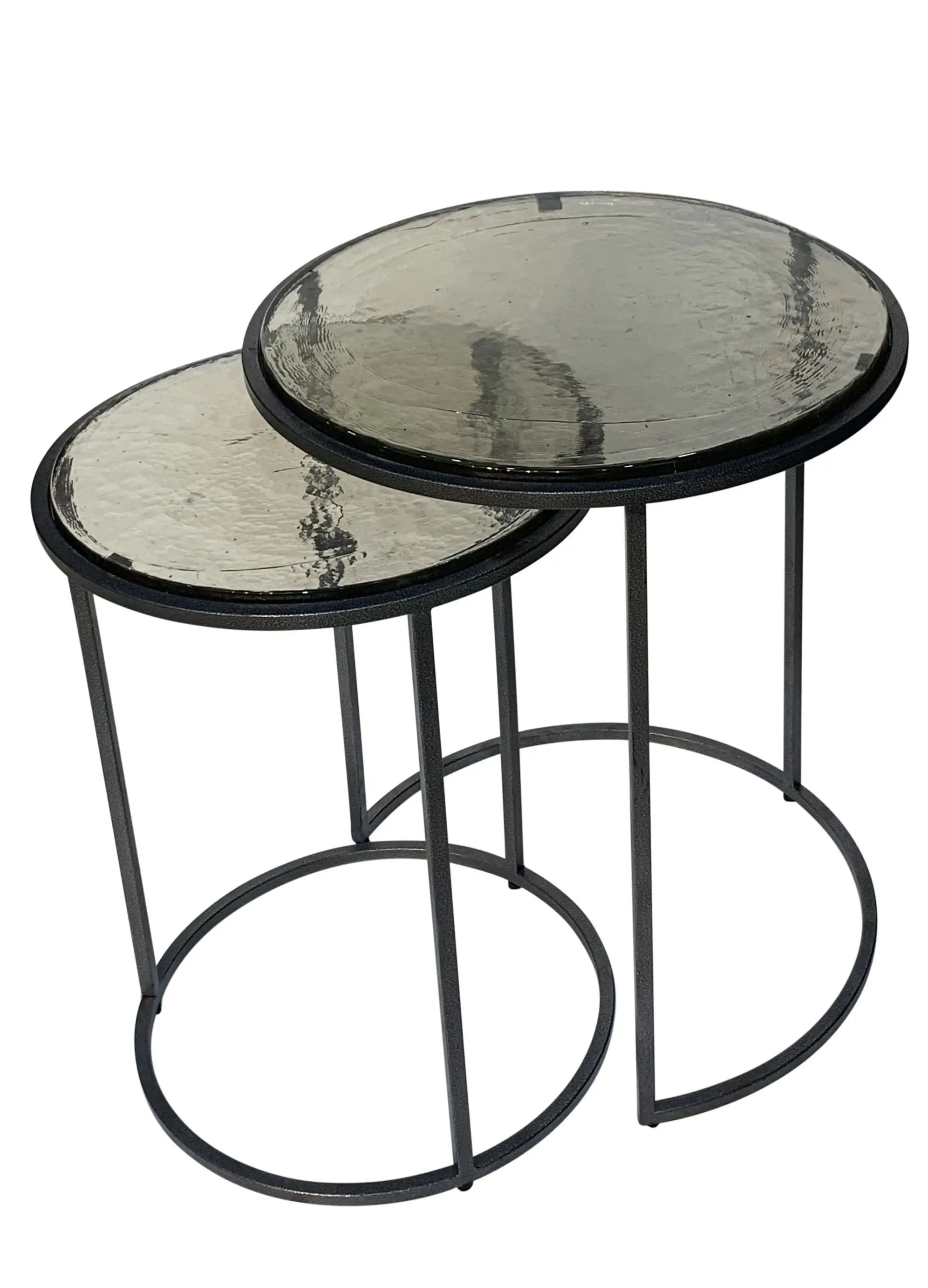 Set of Two Clear and Gunmetal Glass and Iron Round Frame Nested Tables Homeroots Living Room