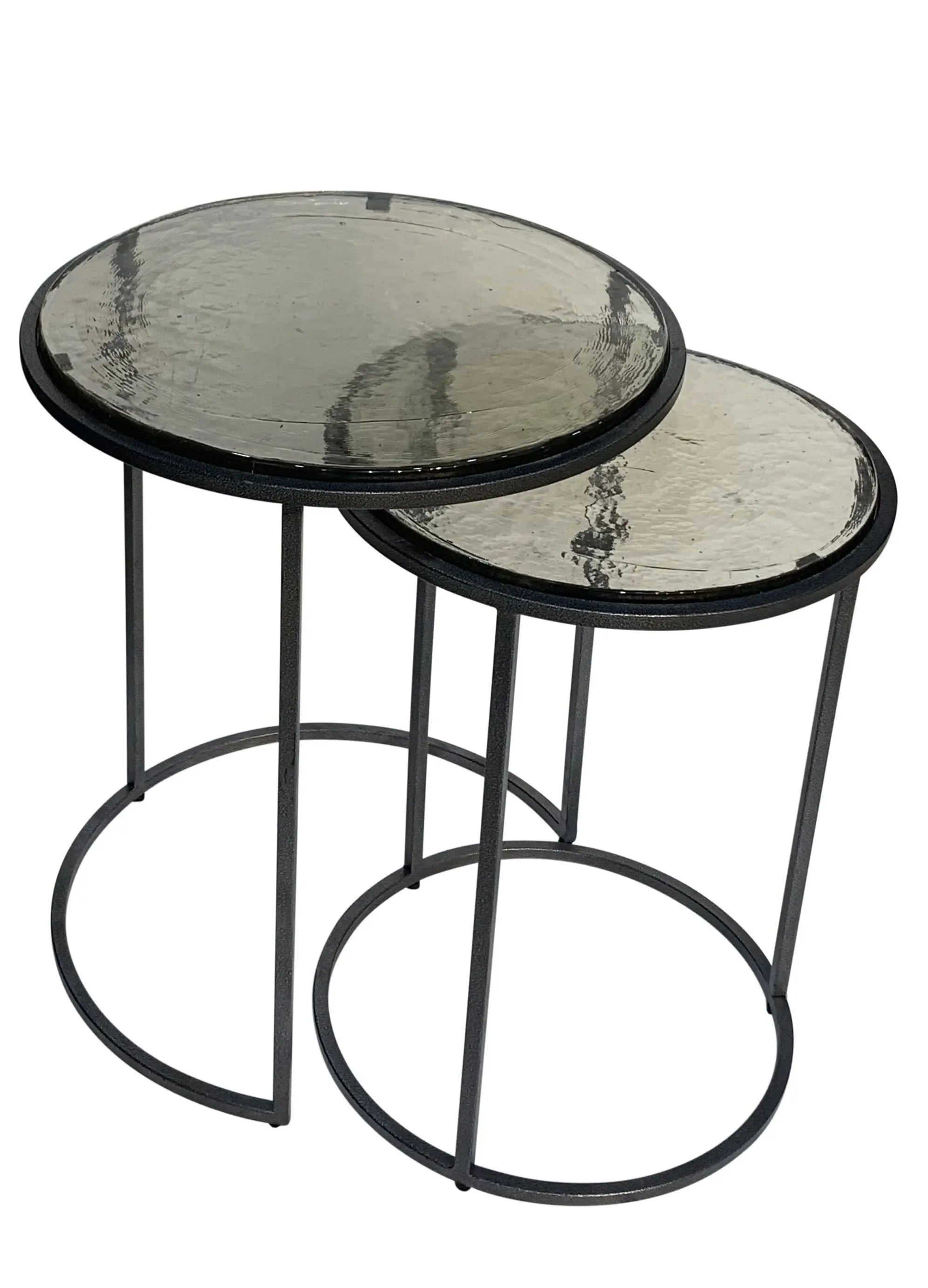 Set of Two Clear and Gunmetal Glass and Iron Round Frame Nested Tables Homeroots Living Room