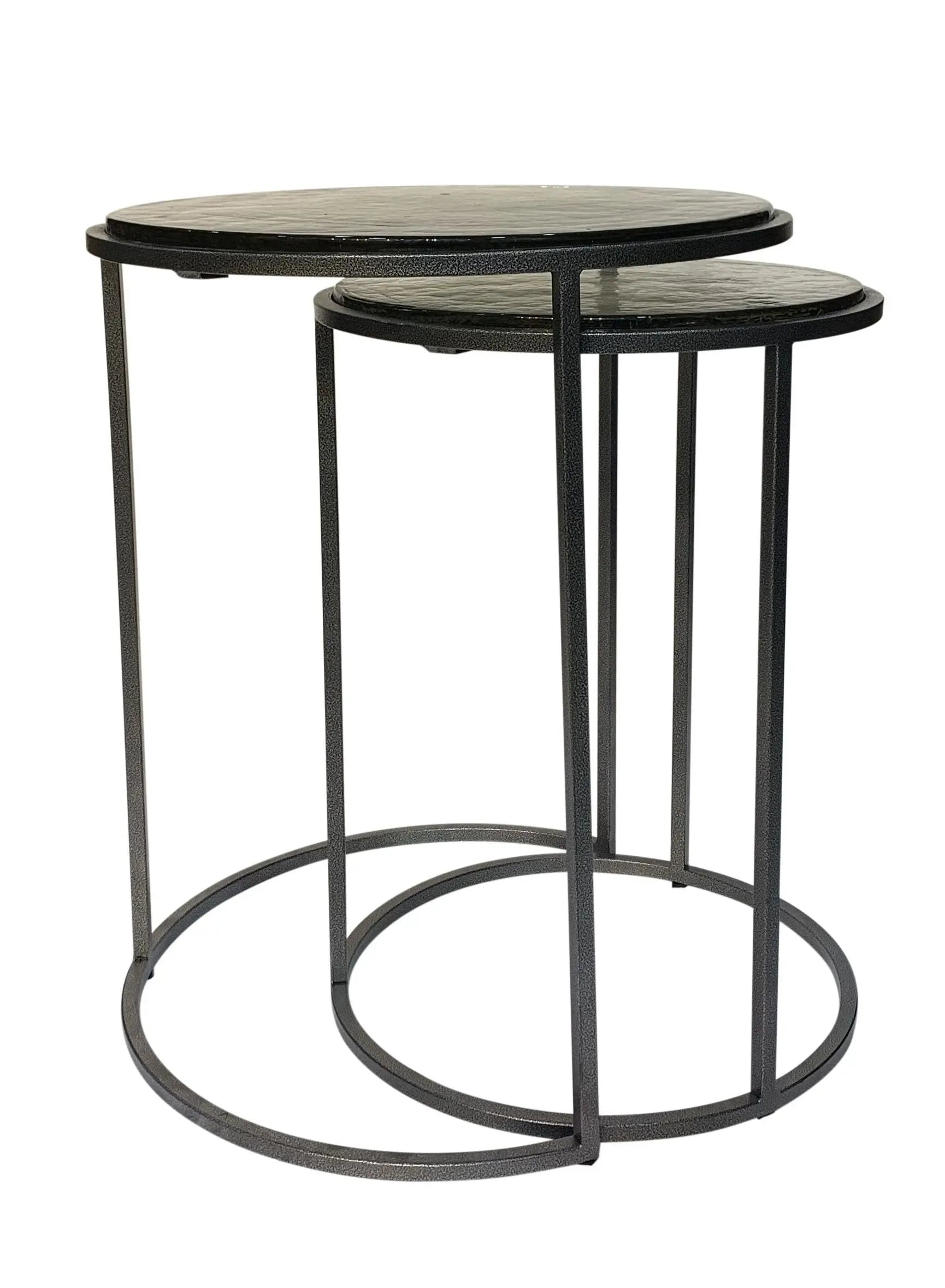 Set of Two Clear and Gunmetal Glass and Iron Round Frame Nested Tables Homeroots Living Room