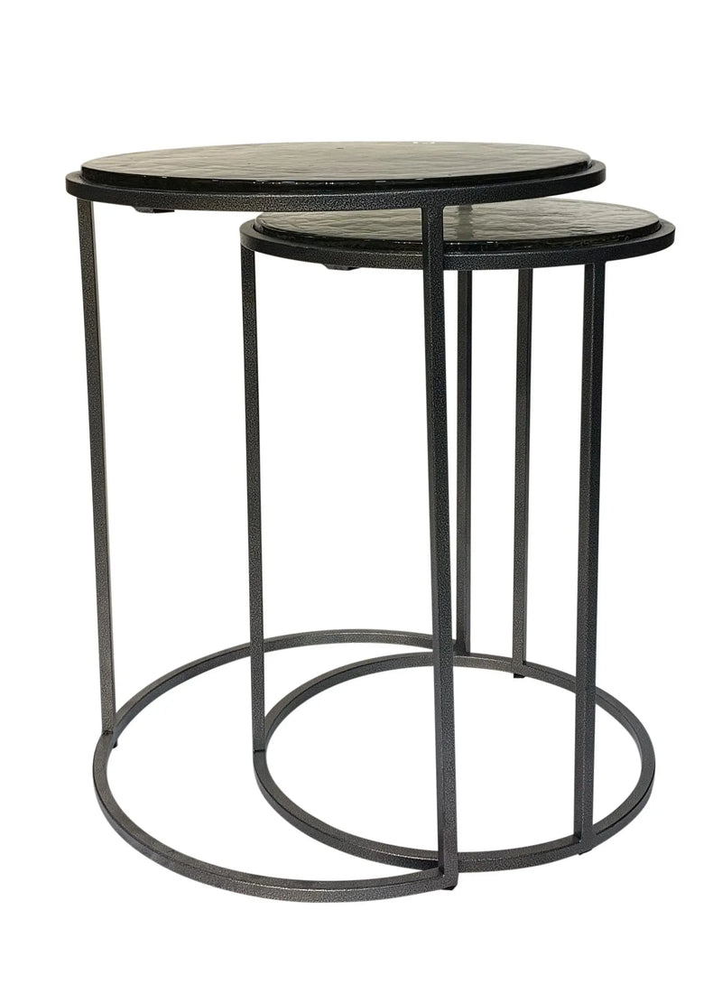 Set of Two Clear and Gunmetal Glass and Iron Round Frame Nested Tables Homeroots Living Room