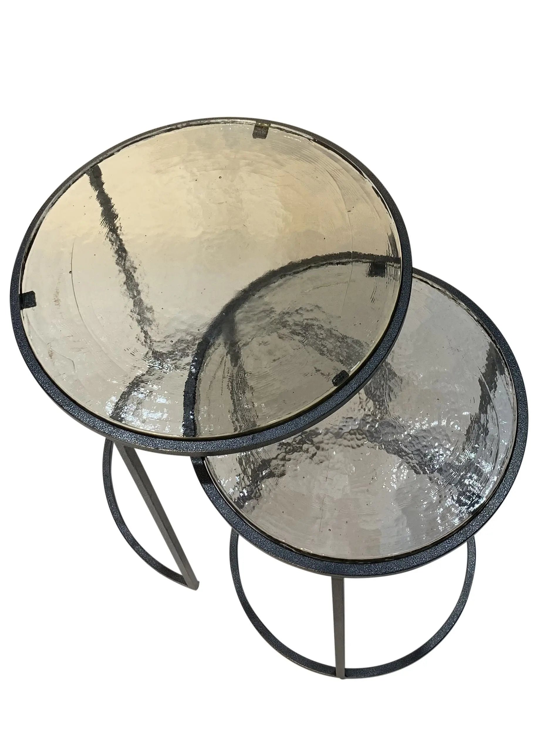 Set of Two Clear and Gunmetal Glass and Iron Round Frame Nested Tables Homeroots Living Room