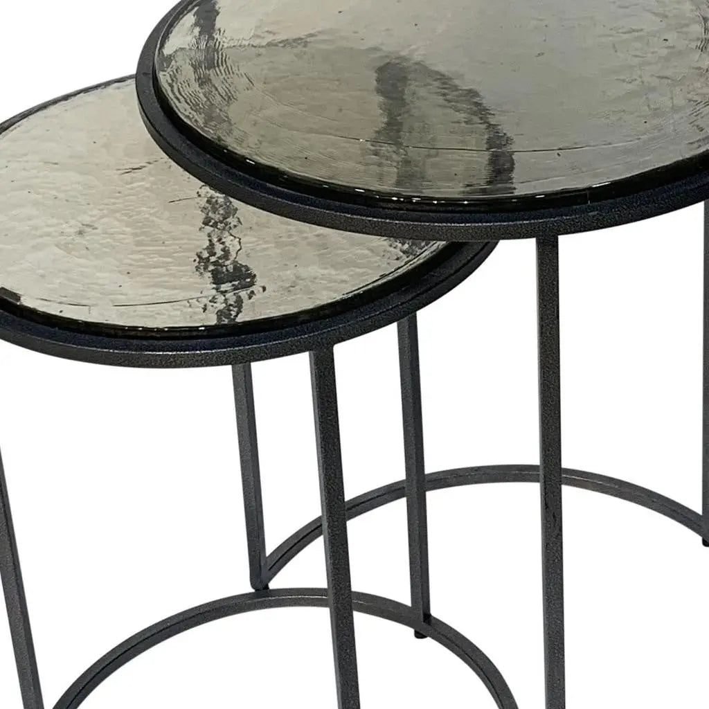 Set of Two Clear and Gunmetal Glass and Iron Round Frame Nested Tables Homeroots Living Room