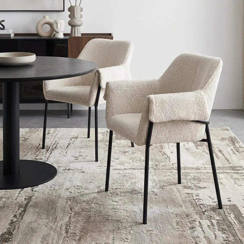 Set of Two Cream and Black Boucle Dining Arm Chairs Homeroots Kitchen & Dining