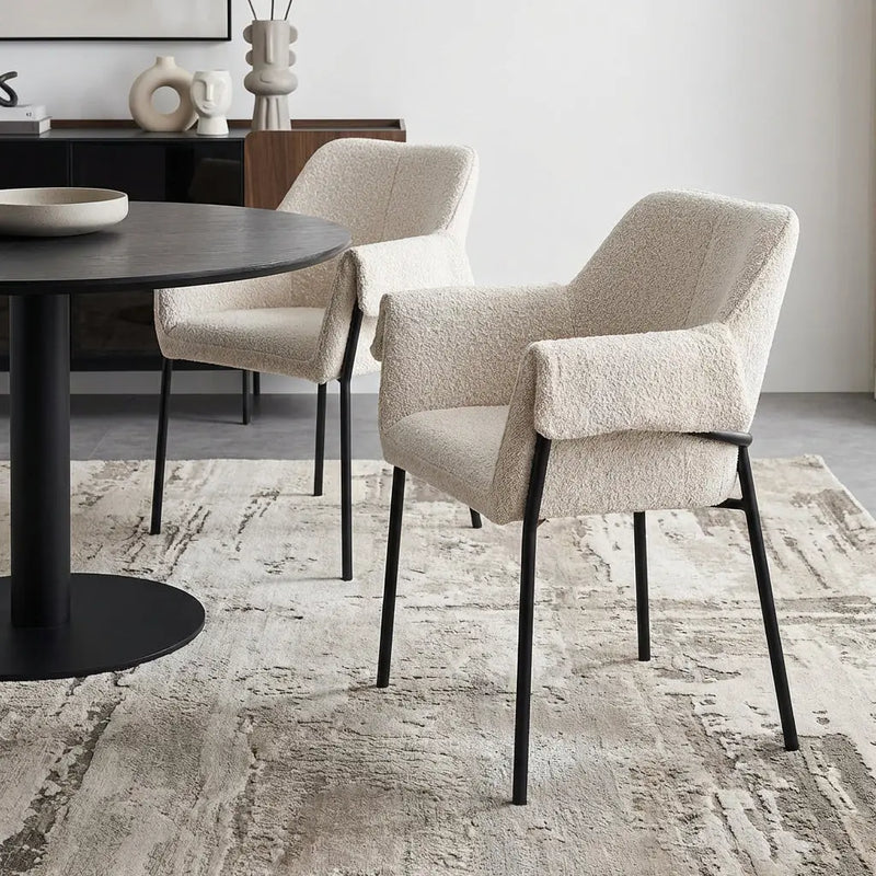 Set of Two Cream and Black Boucle Dining Arm Chairs Homeroots Kitchen & Dining
