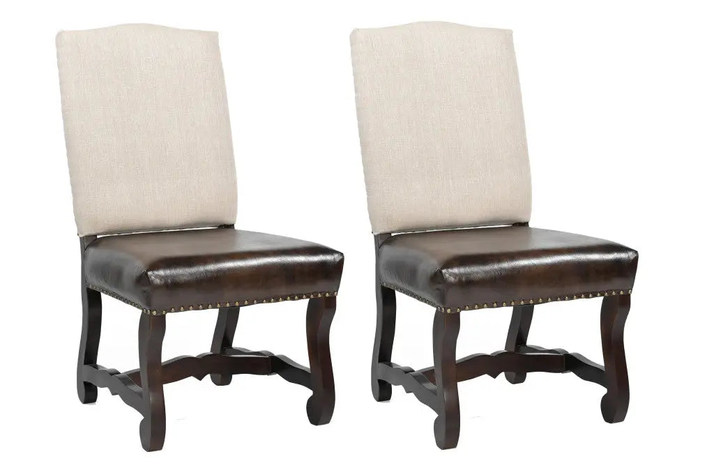 Set of Two Cream and Dark Brown Wood Leather And Linen Dining Side Chairs Homeroots Kitchen & Dining