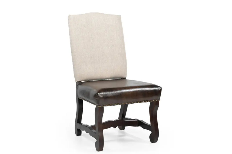 Set of Two Cream and Dark Brown Wood Leather And Linen Dining Side Chairs Homeroots Kitchen & Dining