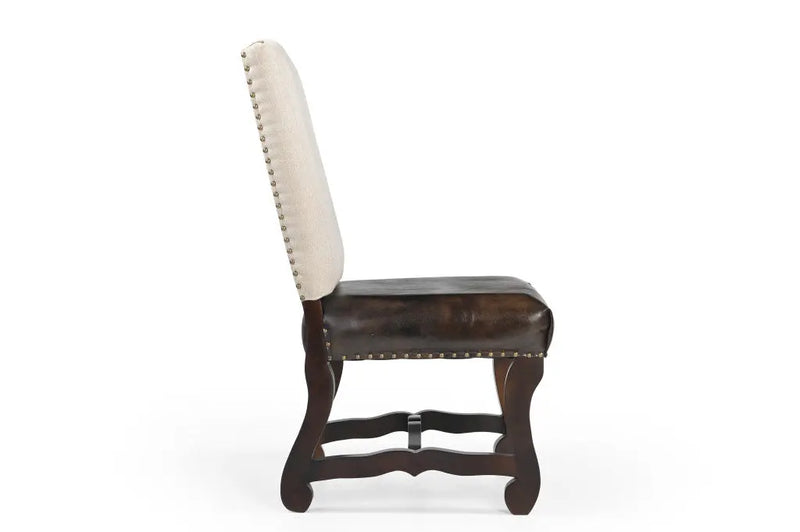 Set of Two Cream and Dark Brown Wood Leather And Linen Dining Side Chairs Homeroots Kitchen & Dining