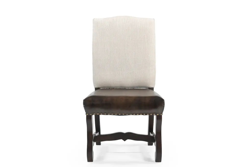 Set of Two Cream and Dark Brown Wood Leather And Linen Dining Side Chairs Homeroots Kitchen & Dining