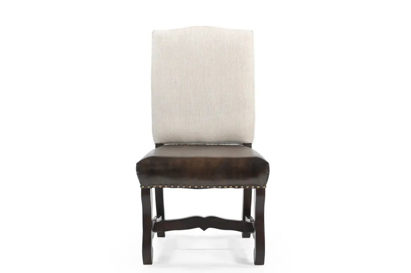 Set of Two Cream and Dark Brown Wood Leather And Linen Dining Side Chairs Homeroots Kitchen & Dining