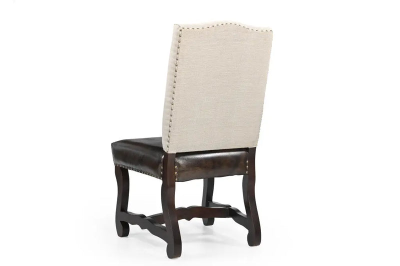 Set of Two Cream and Dark Brown Wood Leather And Linen Dining Side Chairs Homeroots Kitchen & Dining