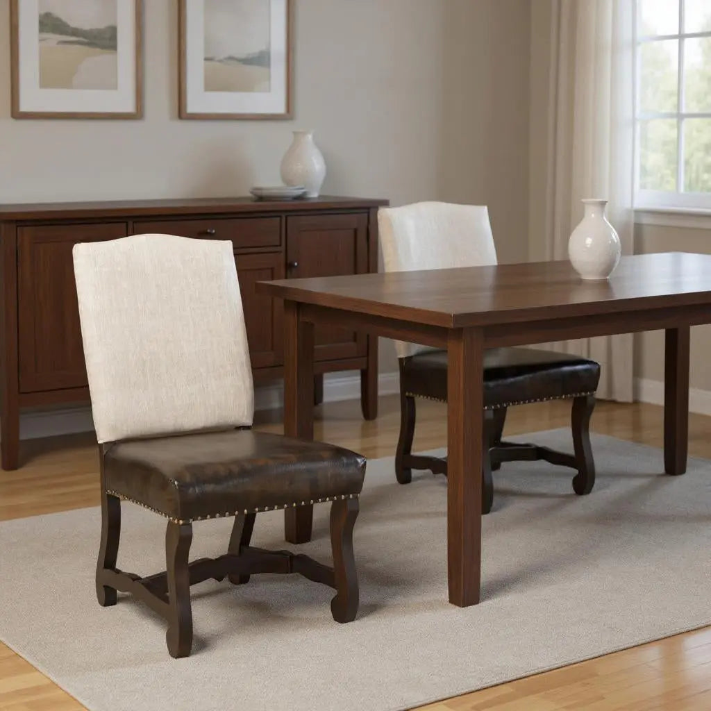 Set of Two Cream and Dark Brown Wood Leather And Linen Dining Side Chairs Homeroots Kitchen & Dining