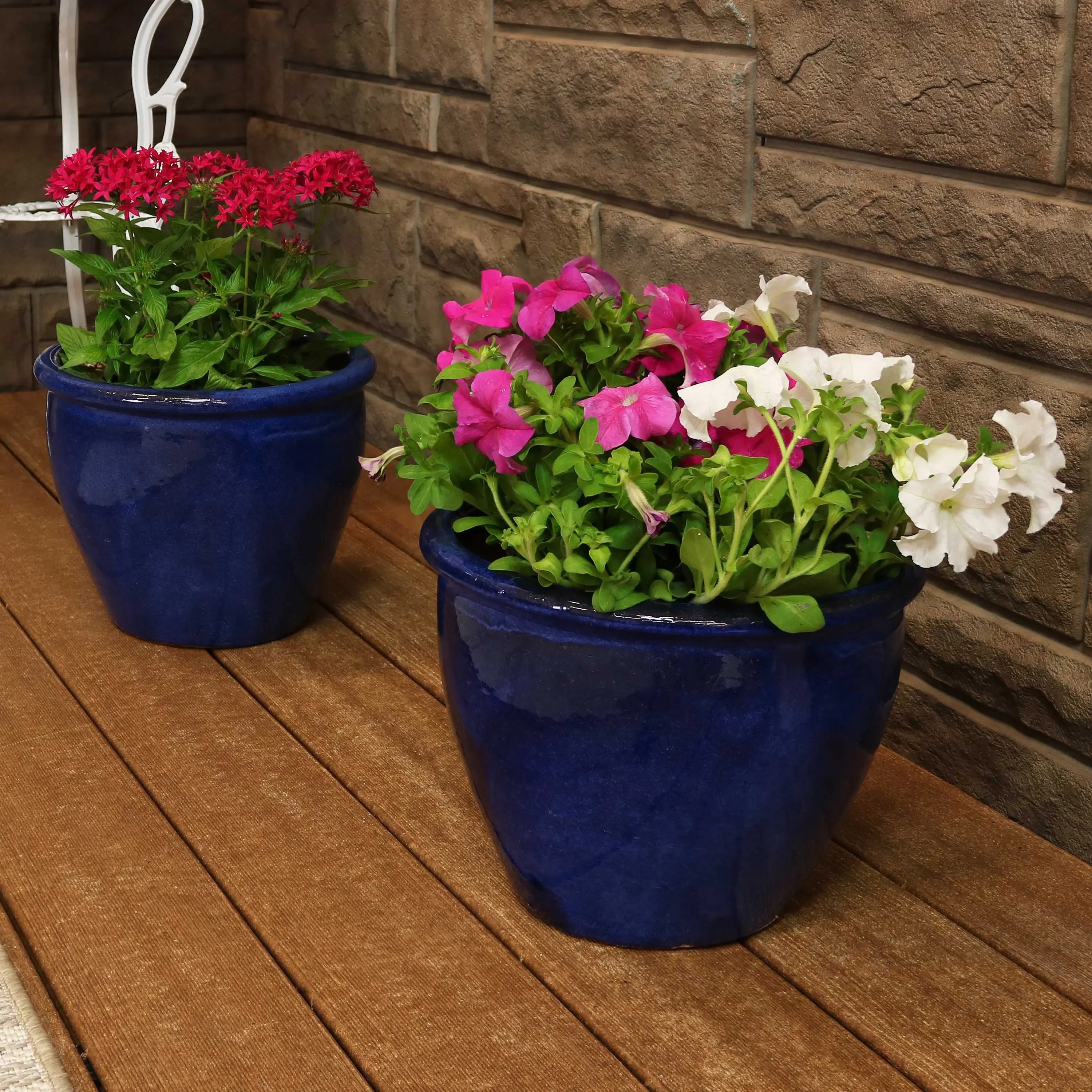 Set of Two Dark Blue Ceramic Round Pot Planter Homeroots Outdoor