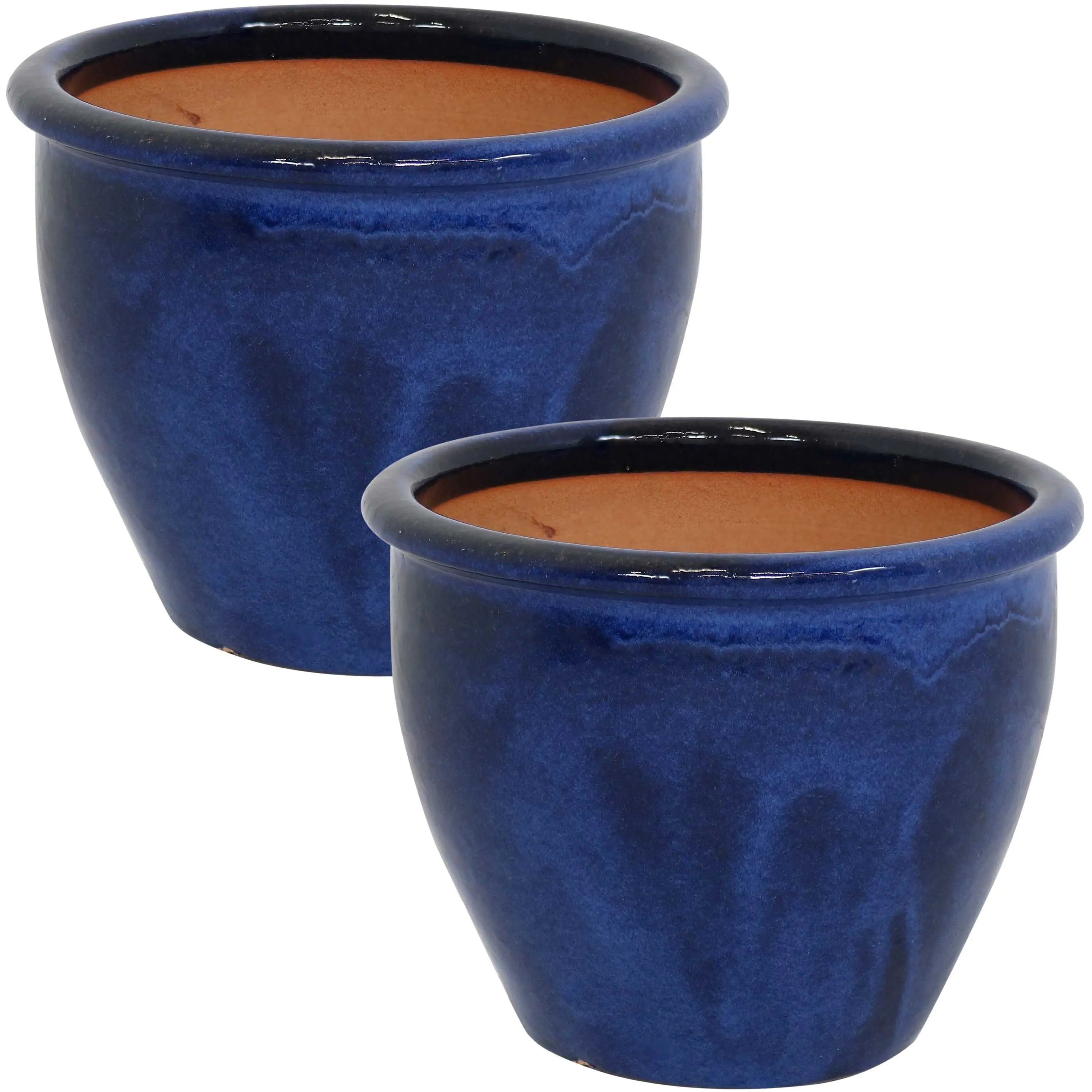 Set of Two Dark Blue Ceramic Round Pot Planter Homeroots Outdoor