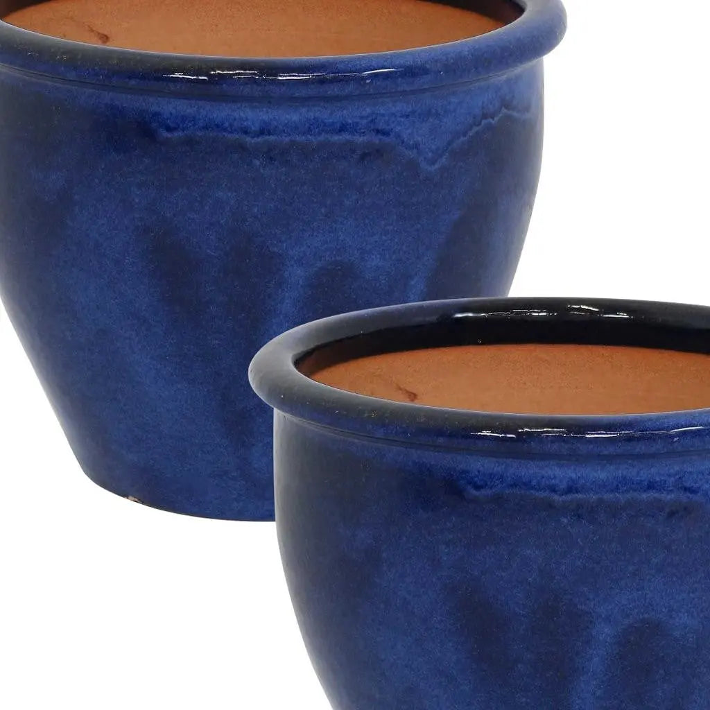 Set of Two Dark Blue Ceramic Round Pot Planter Homeroots Outdoor