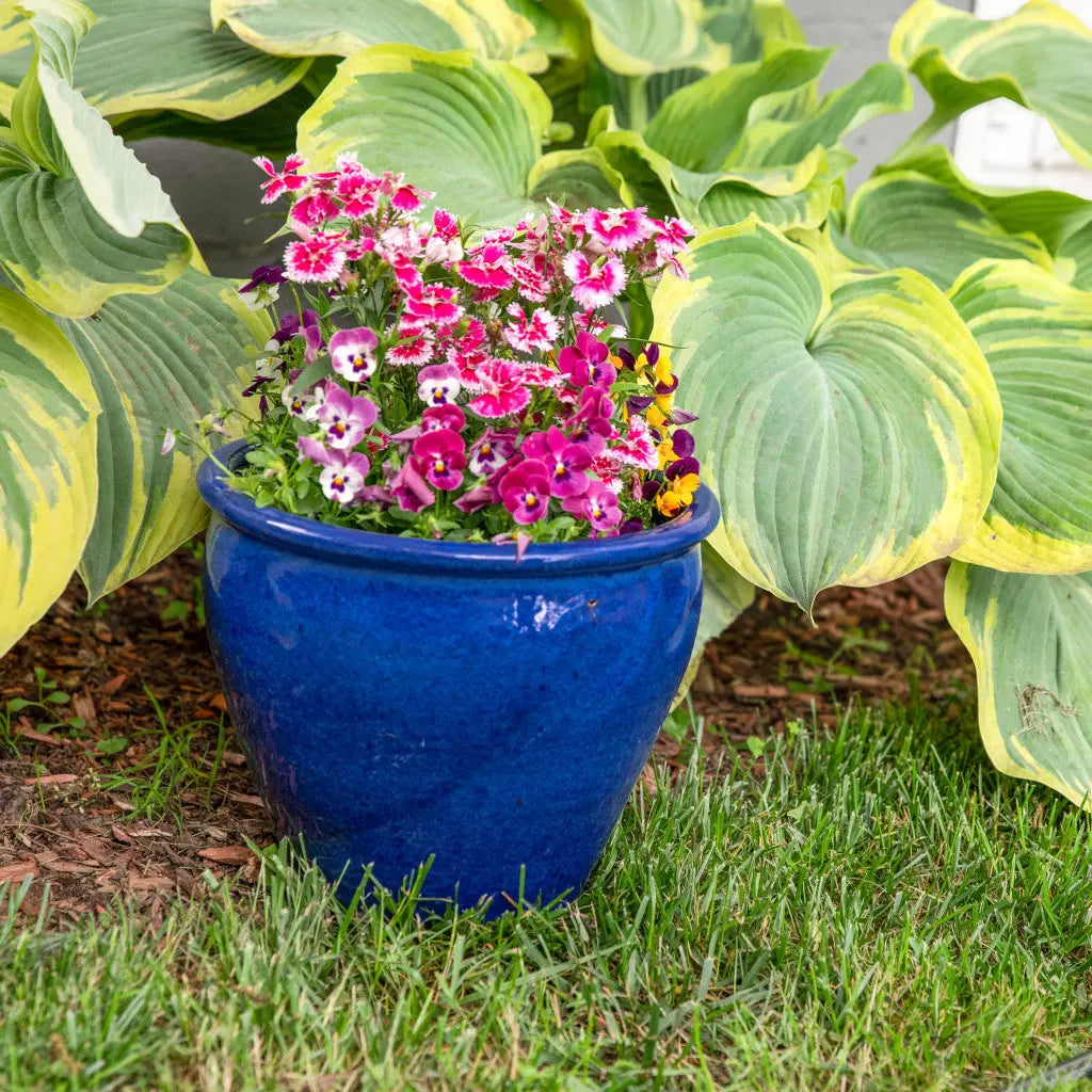 Set of Two Dark Blue Ceramic Round Pot Planter Homeroots Outdoor
