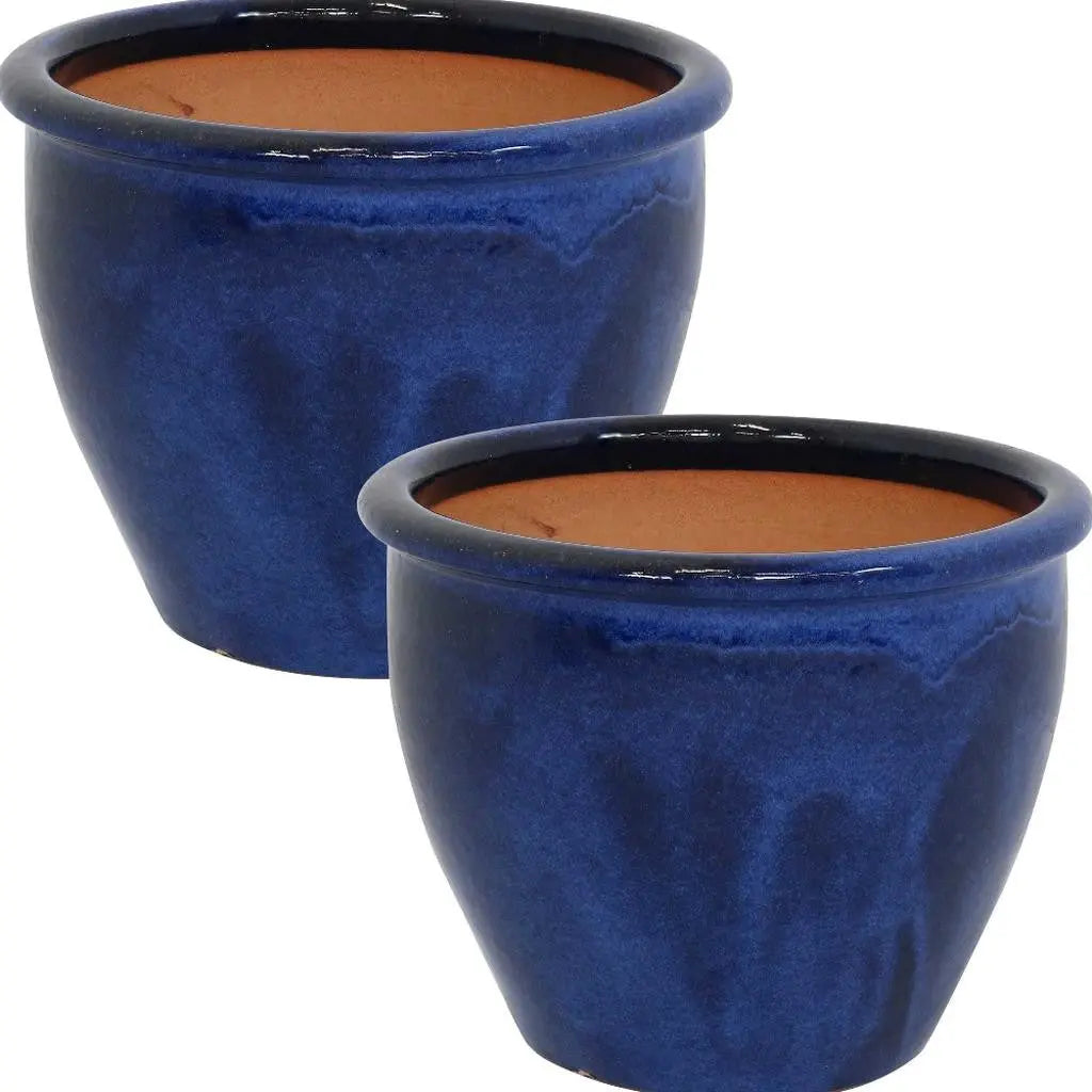 Set of Two Dark Blue Ceramic Round Pot Planter Homeroots Outdoor