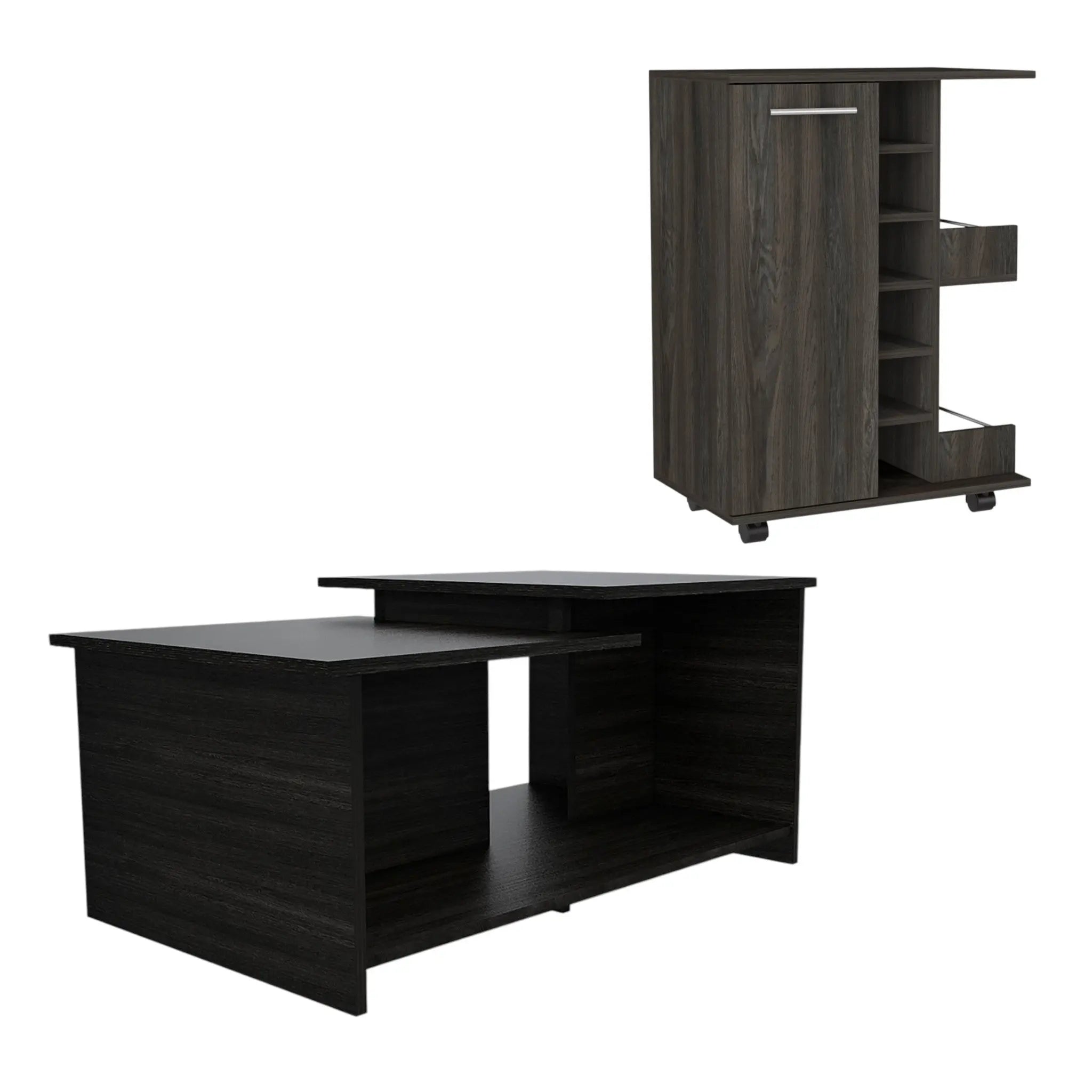 Set of Two Espresso and Black Wood Floor Shelf Furniture Set Homeroots Living Room