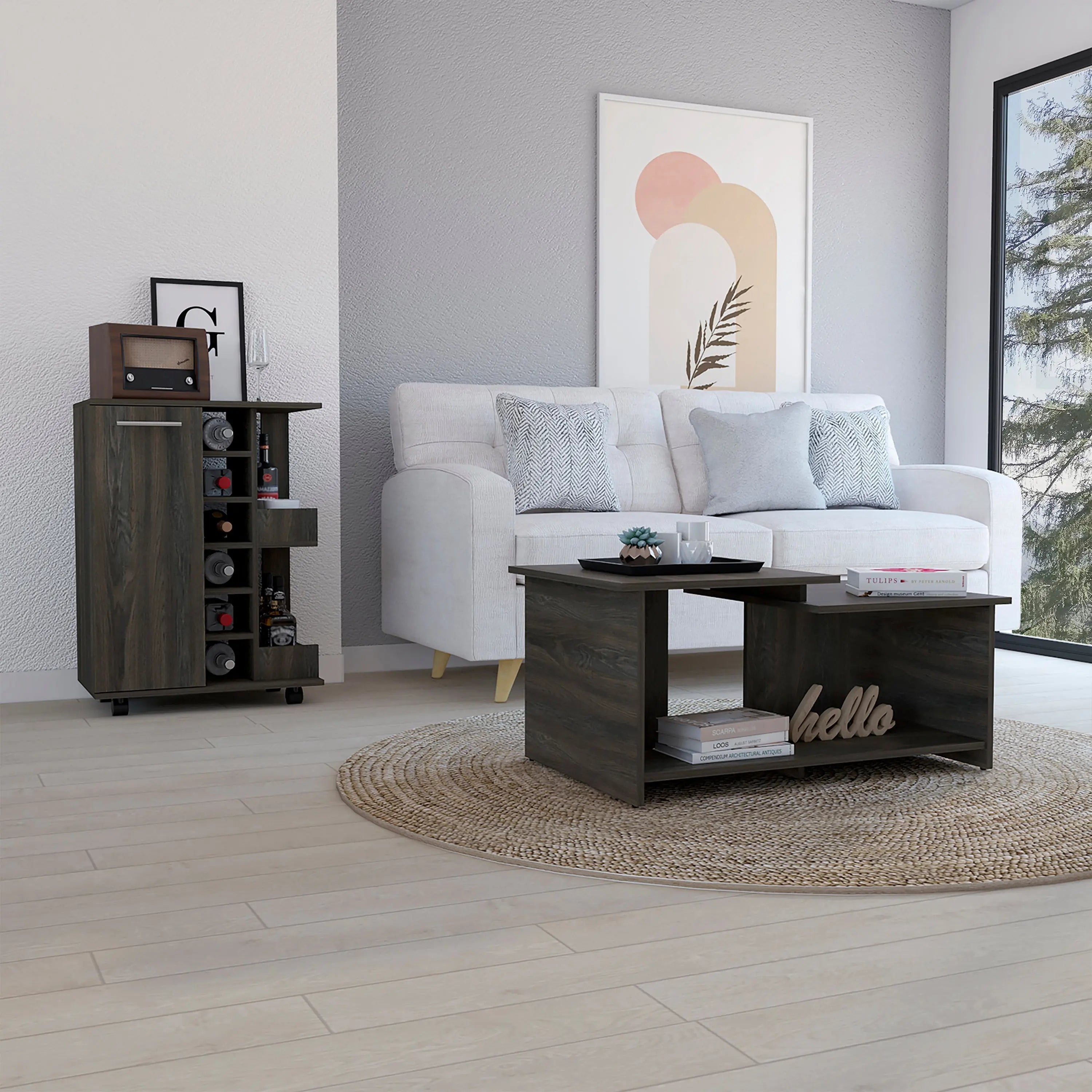 Set of Two Espresso and Black Wood Floor Shelf Furniture Set Homeroots Living Room