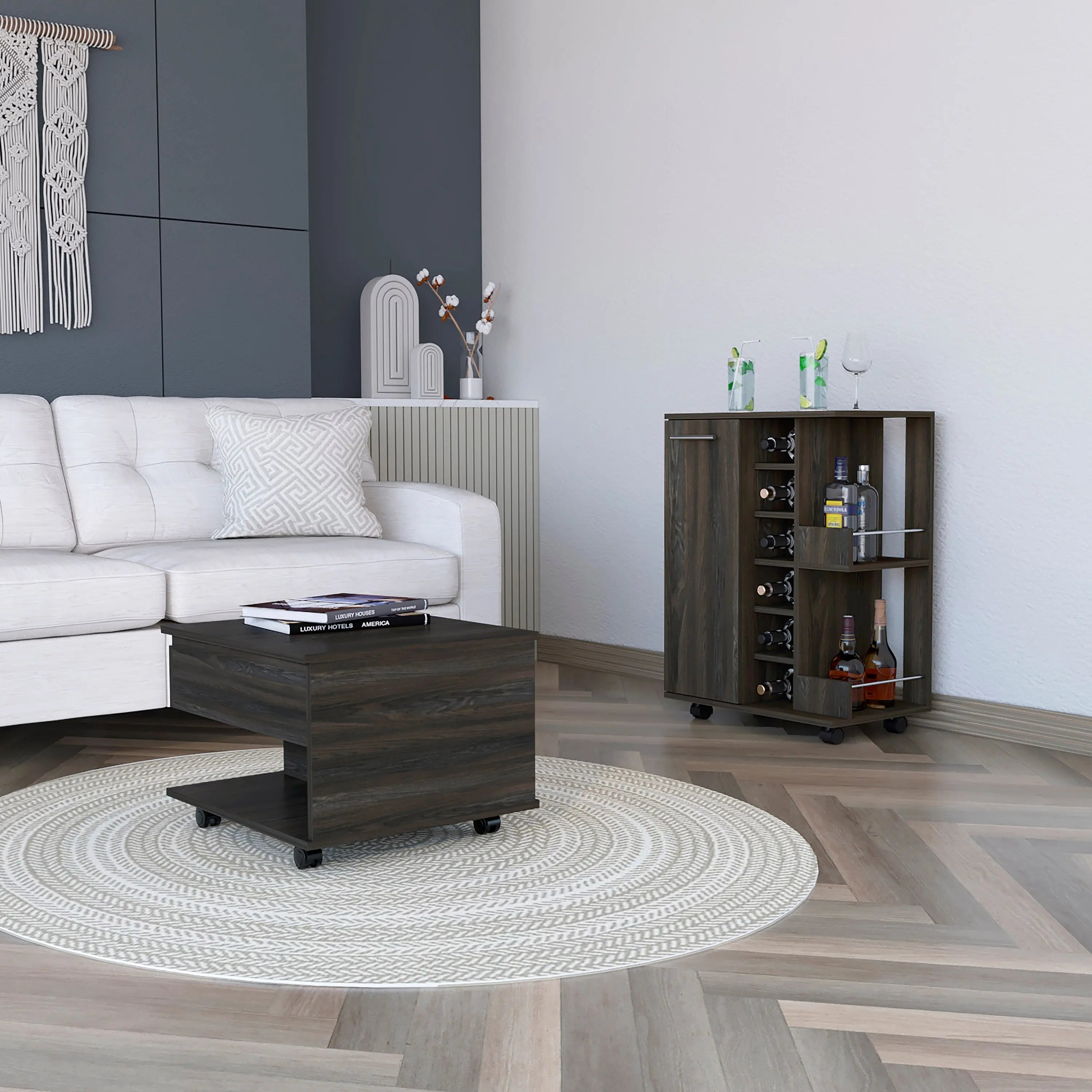 Set of Two Espresso and Black Wood Wheel Furniture Set Homeroots Living Room