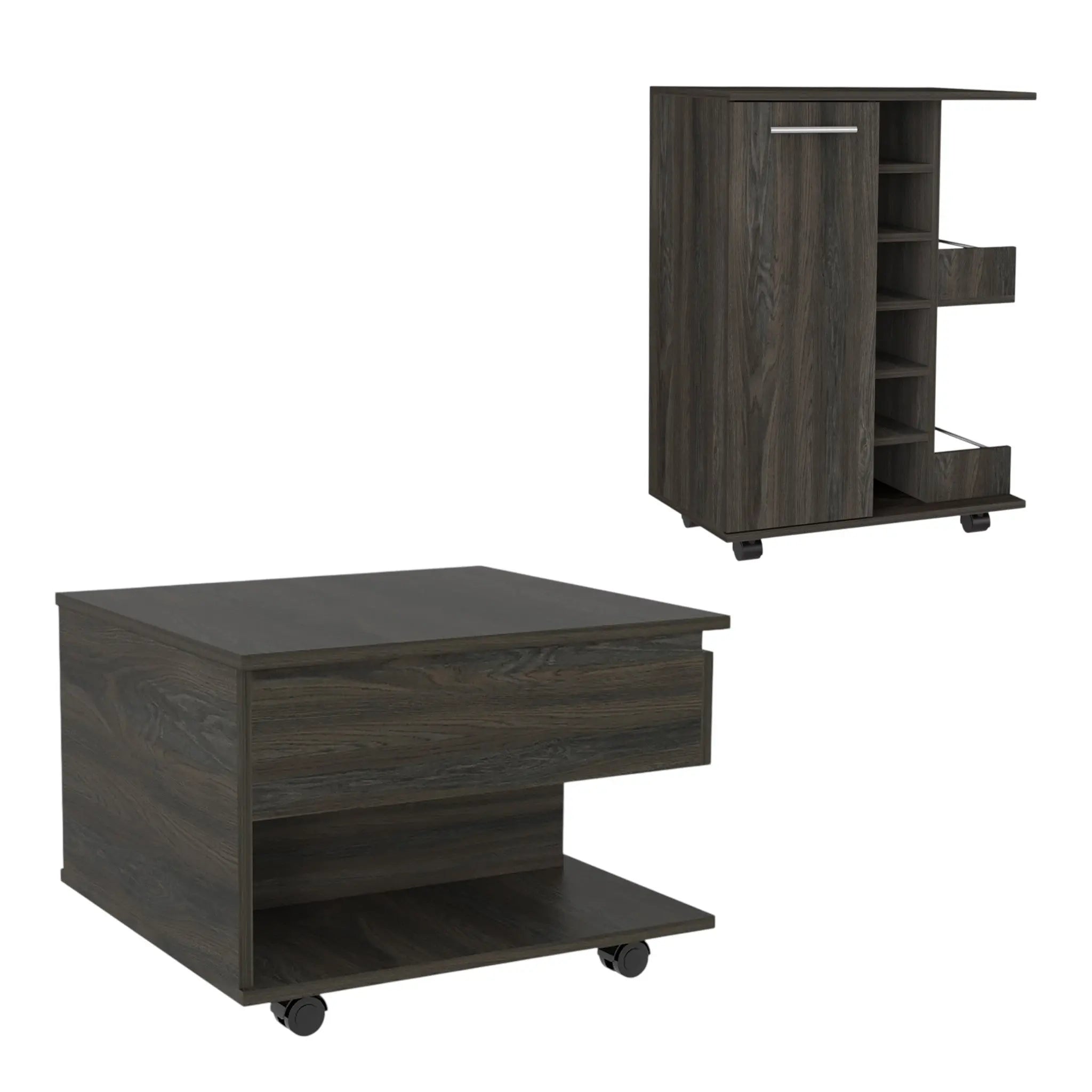 Set of Two Espresso and Black Wood Wheel Furniture Set Homeroots Living Room