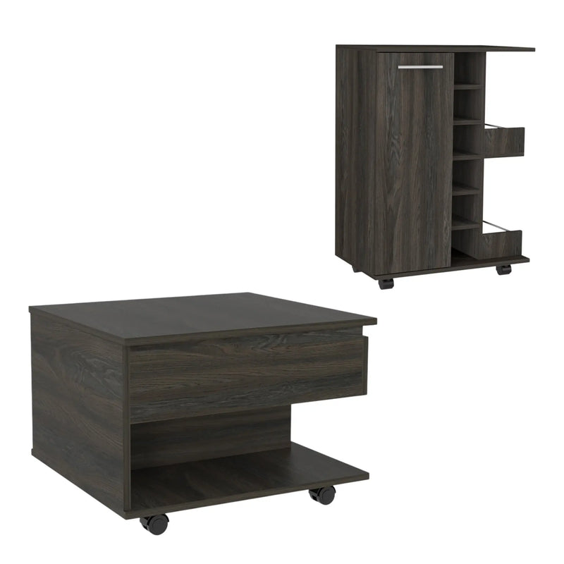 Set of Two Espresso and Black Wood Wheel Furniture Set Homeroots Living Room