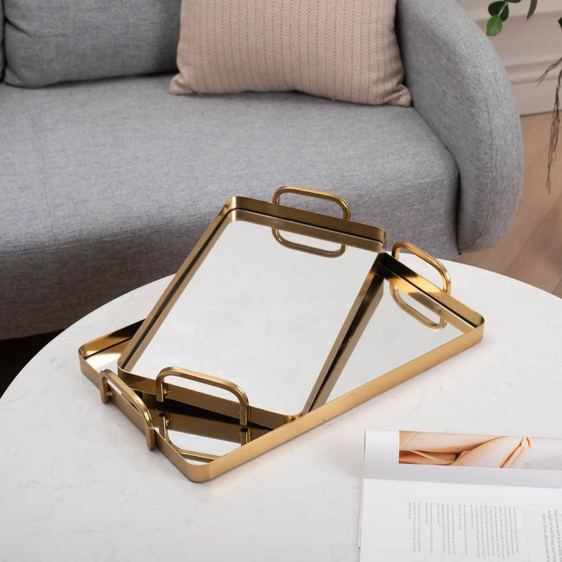 Set of Two Gold And Mirrored Glass Handmade Serving Trays Homeroots Kitchen & Dining