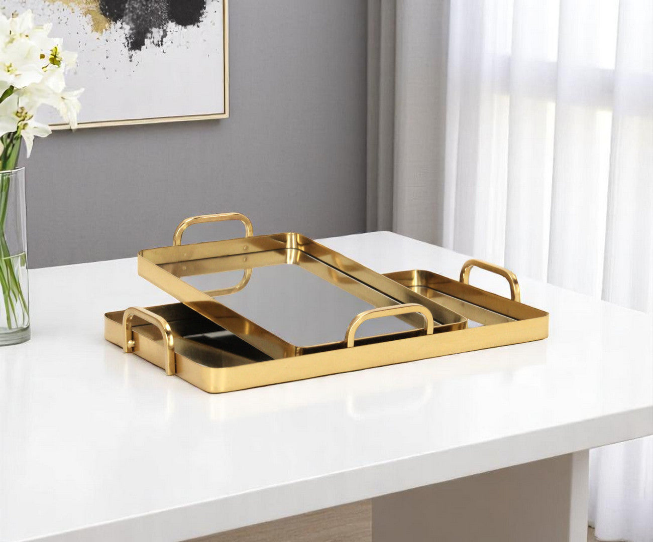 Set of Two Gold And Mirrored Glass Handmade Serving Trays Homeroots Kitchen & Dining