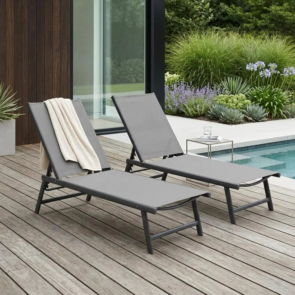 Set of Two Gray Aluminum Six Position Adjustable Outdoor Chaise Lounges Homeroots Outdoor