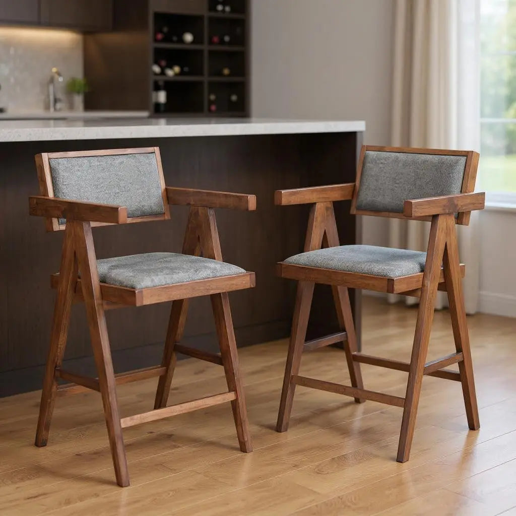 Set of Two Gray Solid Wood and Fabric Low Back Bar Chairs Homeroots Living Room