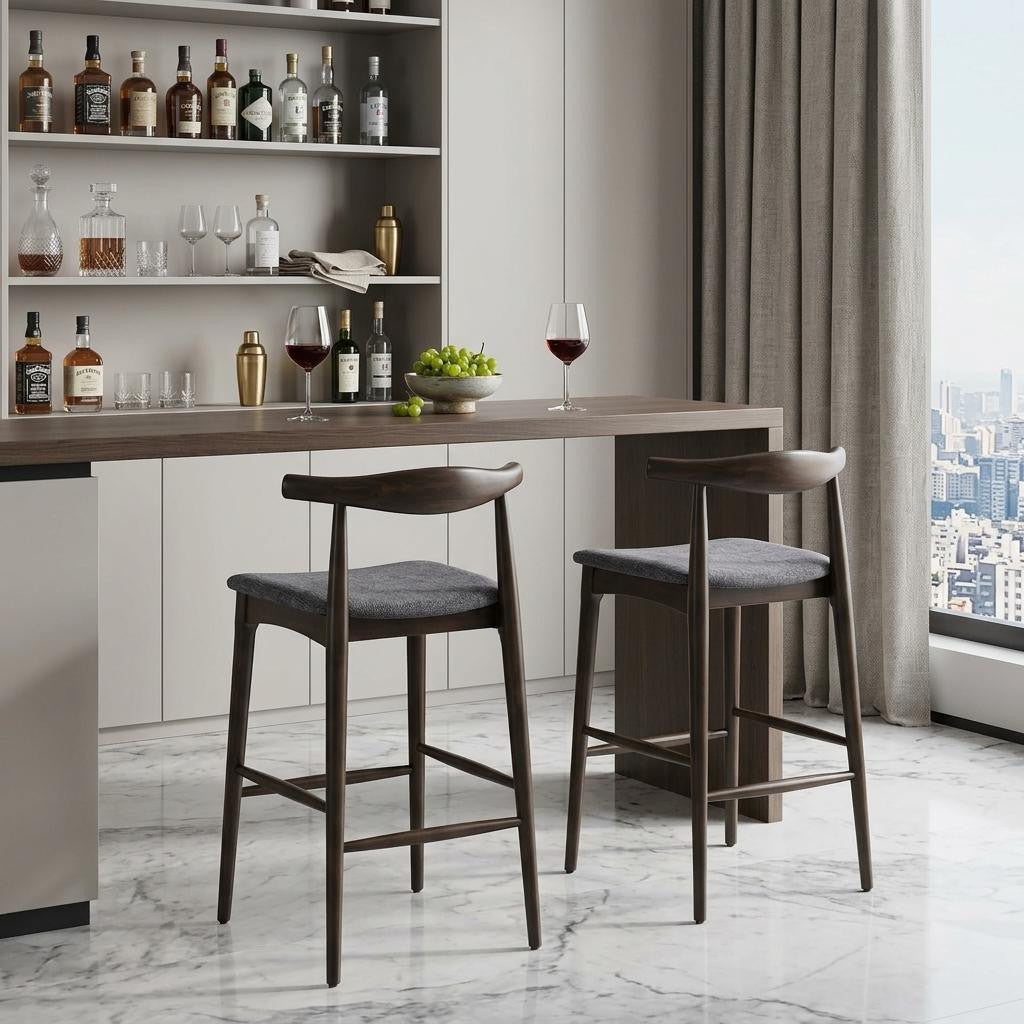 Set of Two Gray Solid Wood and Fabric Low Back Bar Chairs Homeroots Living Room