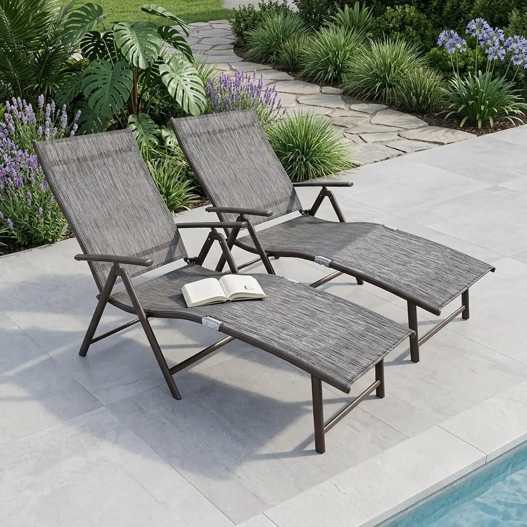 Set of Two Gray Steel Six Position Adjustable Outdoor Chaise Lounges Homeroots Outdoor