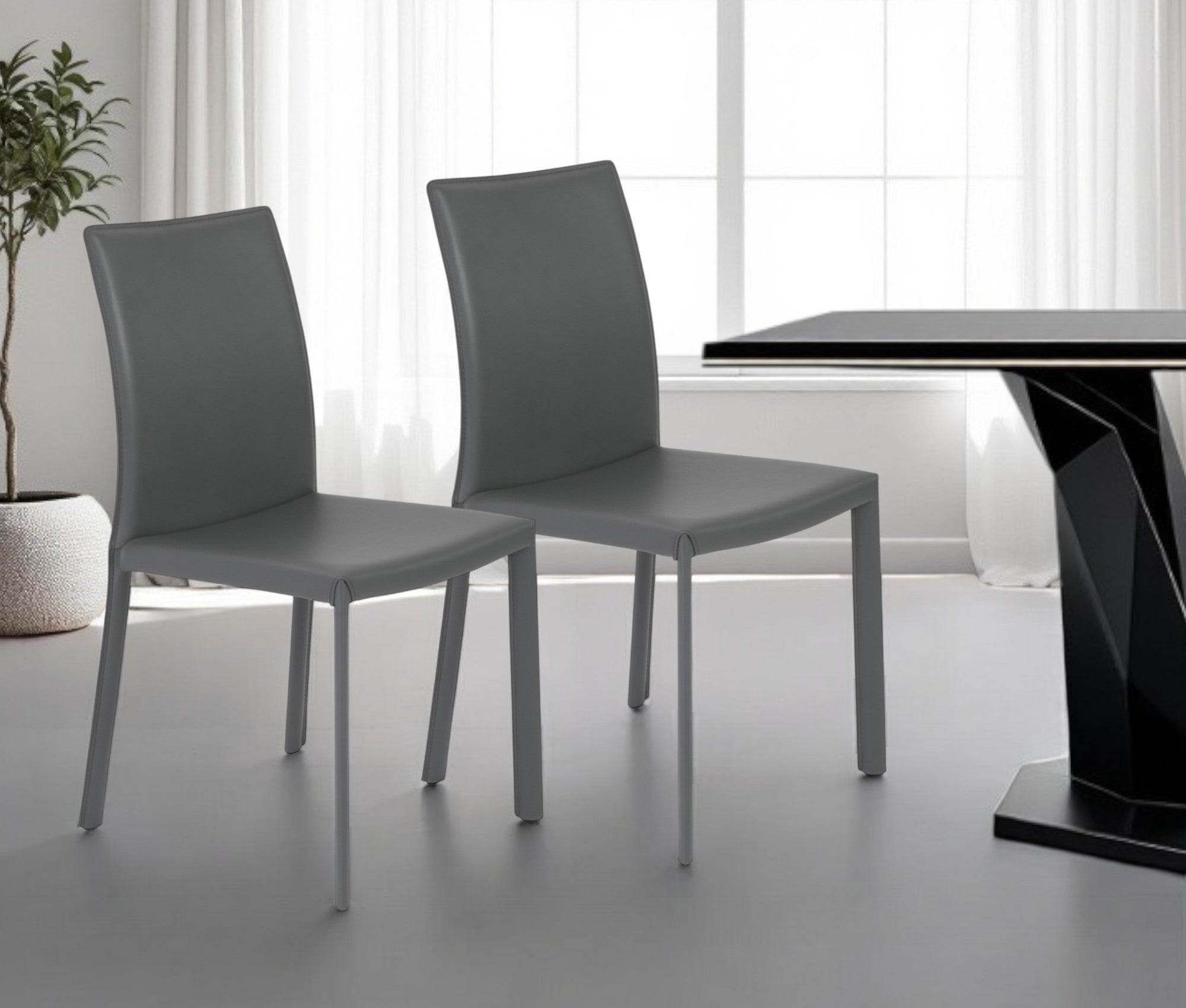 Set of Two Gray Upholstered Leather Dining Side Chairs - GreatEagleInc