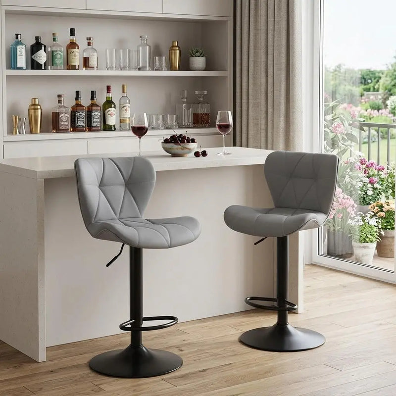 Set of Two Gray and Black Faux Leather and Aluminum Adjustable Height Swivel Bar Chairs Homeroots Living Room