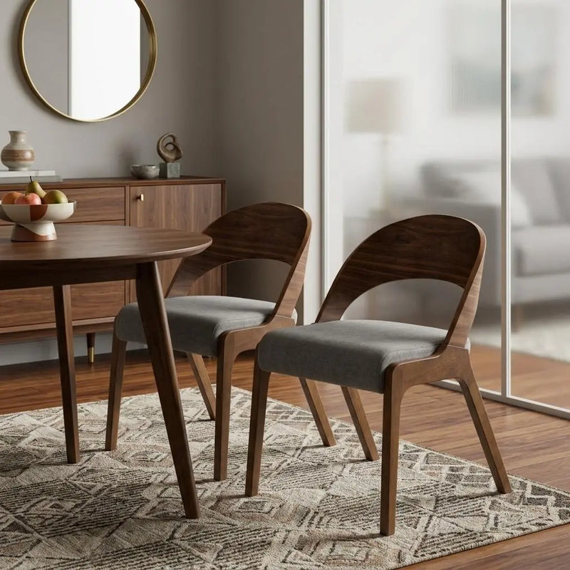 Set of Two Gray and Brown Upholstered Fabric Curved Back Dining Side Chairs Homeroots Kitchen & Dining