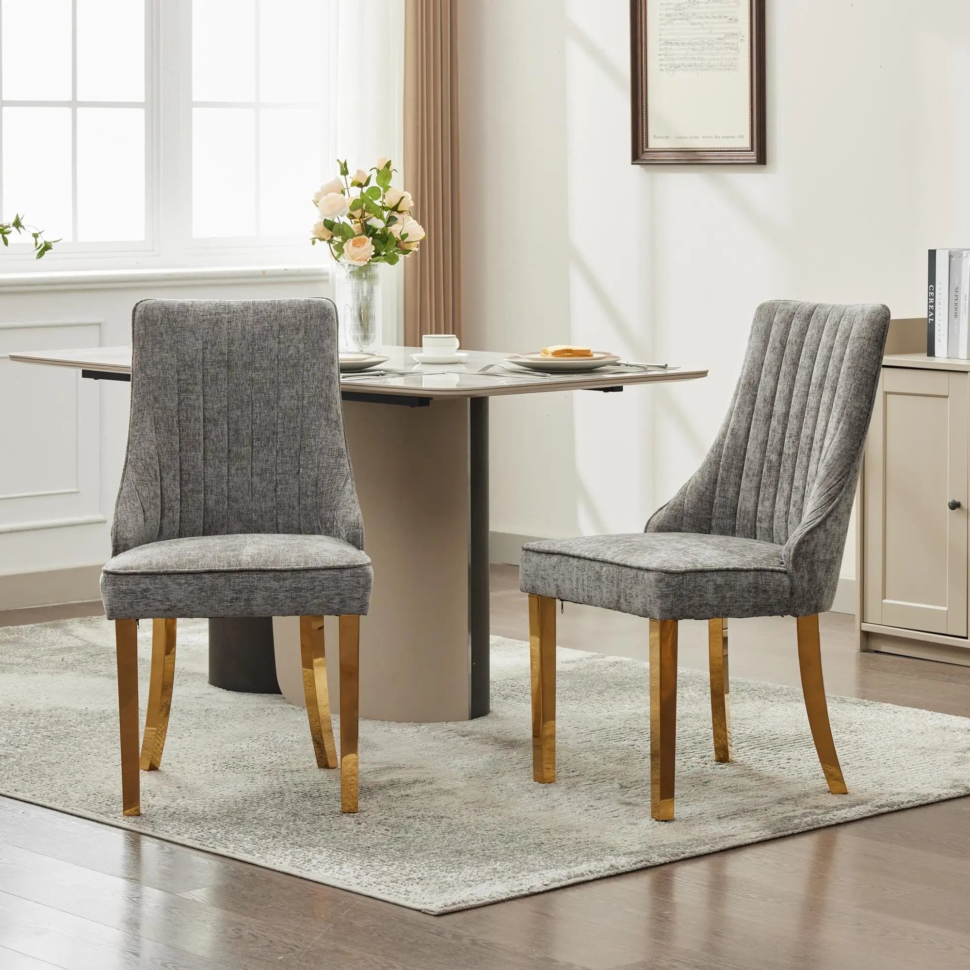 Set of Two Gray and Gold Tufted Stainless Steel Dining Side Chairs Homeroots Kitchen & Dining