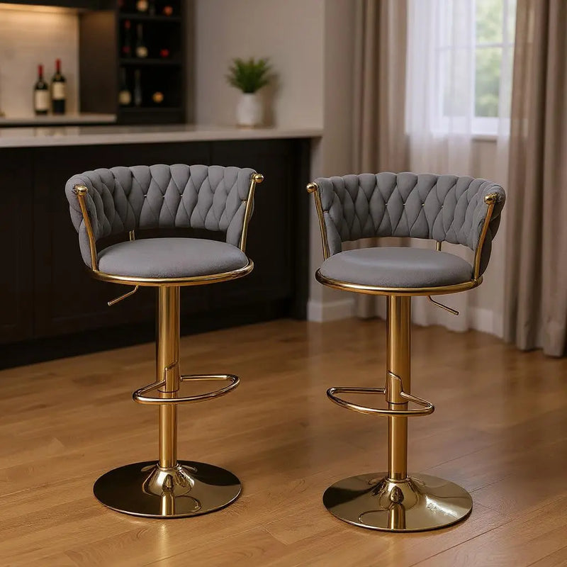 Set of Two Gray and Gold Velvet and Metal Low Back Adjustable Height Swivel Bar Chairs Homeroots Living Room