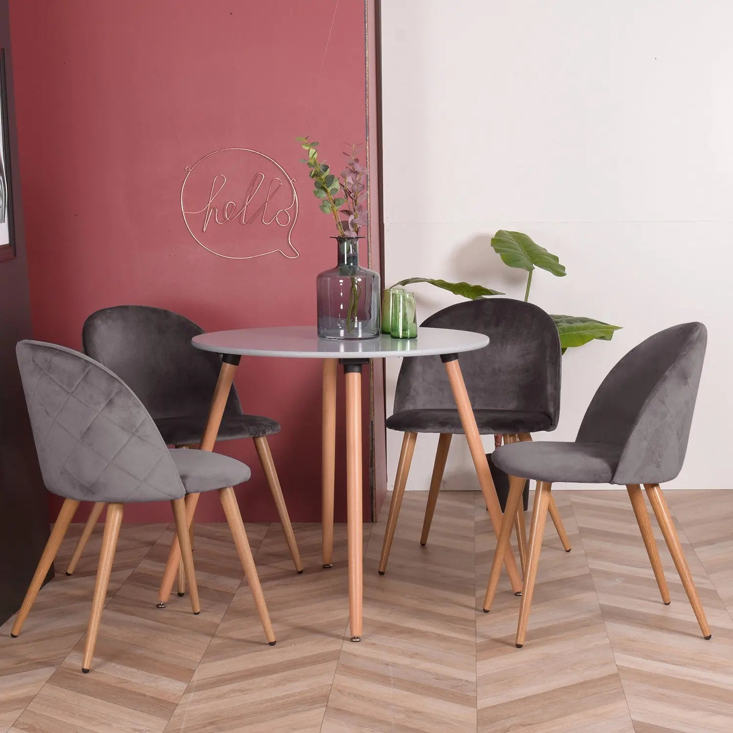 Set of Two Gray and Oak Velvet and Metal Dining Side Chairs Homeroots Kitchen & Dining