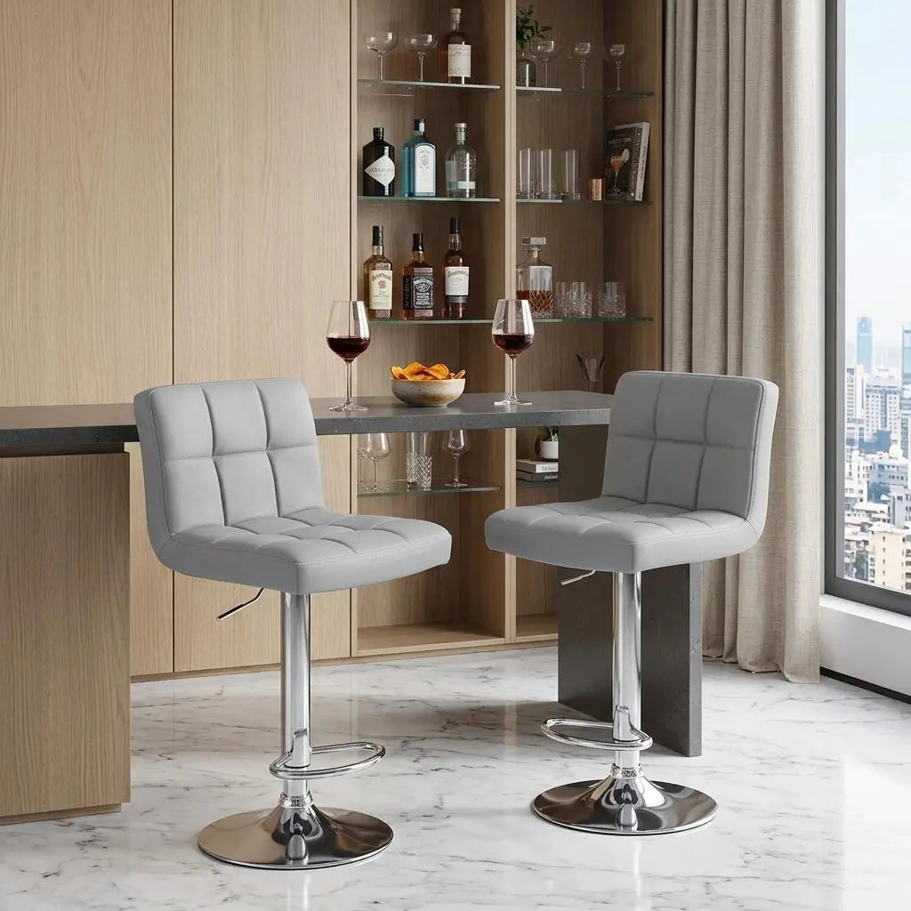 Set of Two Gray and Silver Faux Leather and Aluminum Swivel Bar Chairs Homeroots Living Room