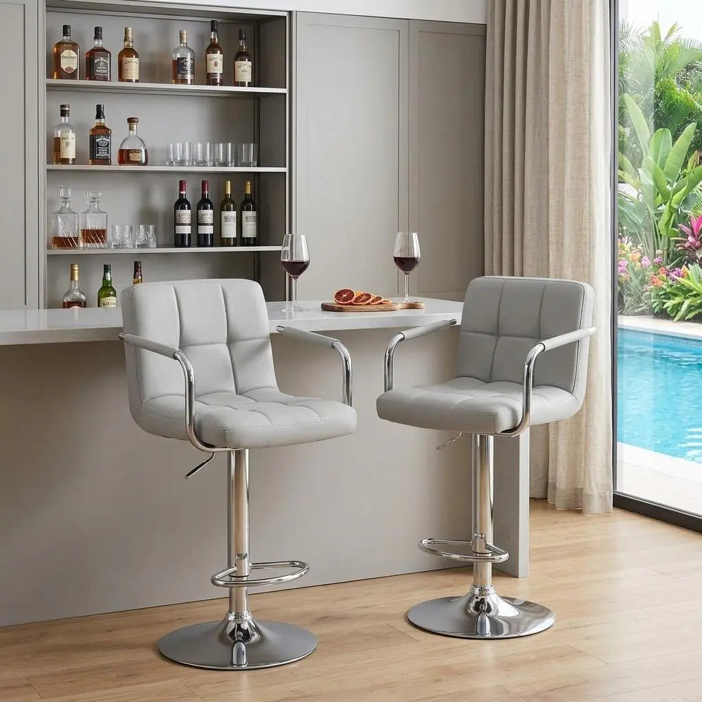 Set of Two Gray and Silver Faux Leather and Aluminum Swivel Bar Chairs Homeroots Living Room