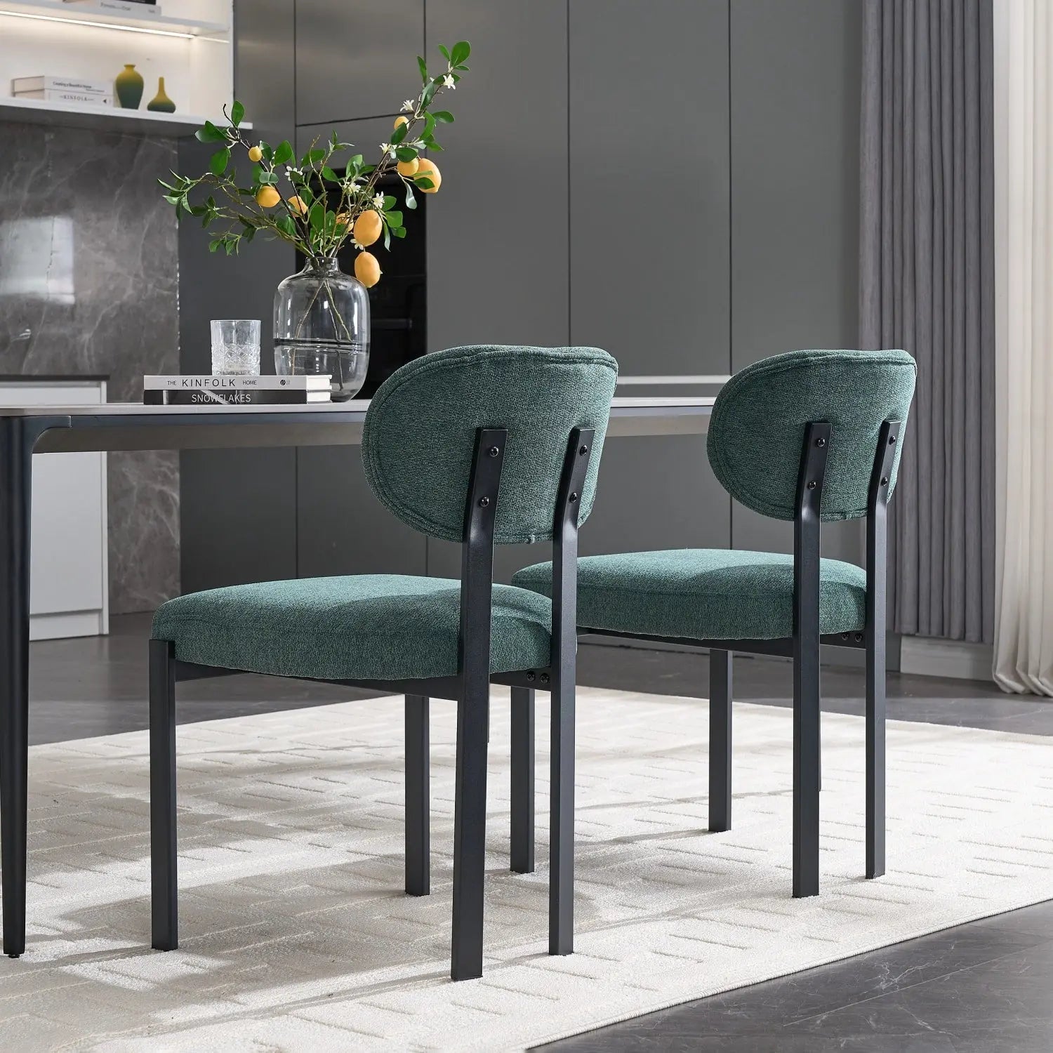 Set of Two Green and Black Chenille And Metal Partially Open Back Dining Side Chairs Homeroots Kitchen & Dining