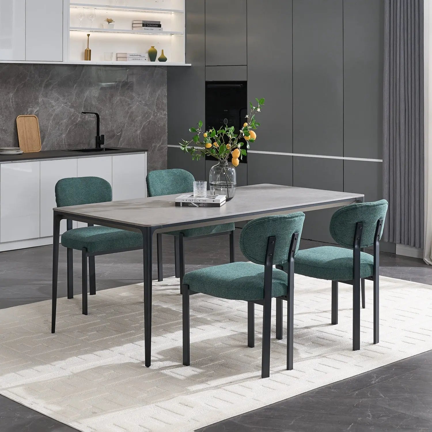 Set of Two Green and Black Chenille And Metal Partially Open Back Dining Side Chairs Homeroots Kitchen & Dining