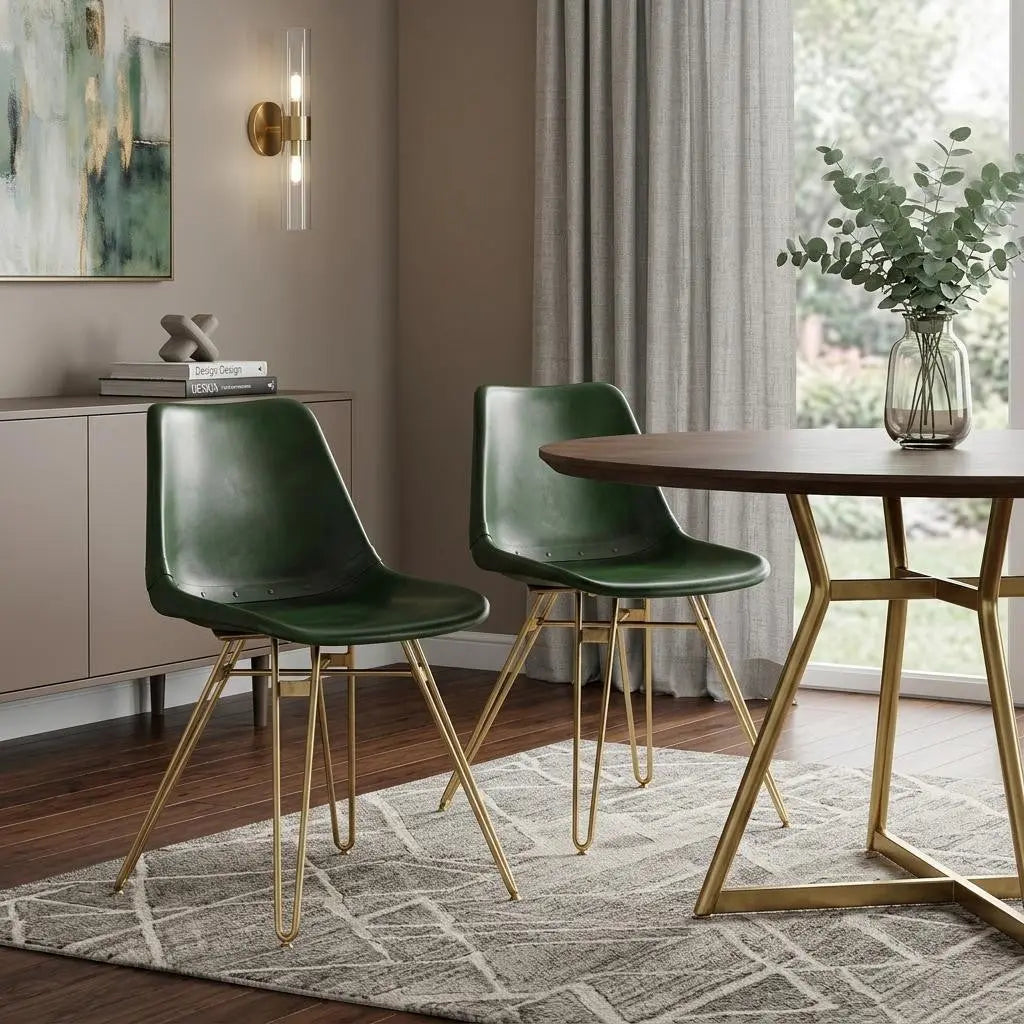 Set of Two Green and Gold Leather Dining Side Chairs Homeroots Kitchen & Dining