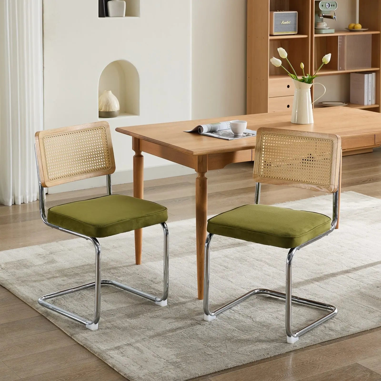 Set of Two Green and Silver Tufted Velvet and Stainless Steel Dining Side Chairs Homeroots Kitchen & Dining