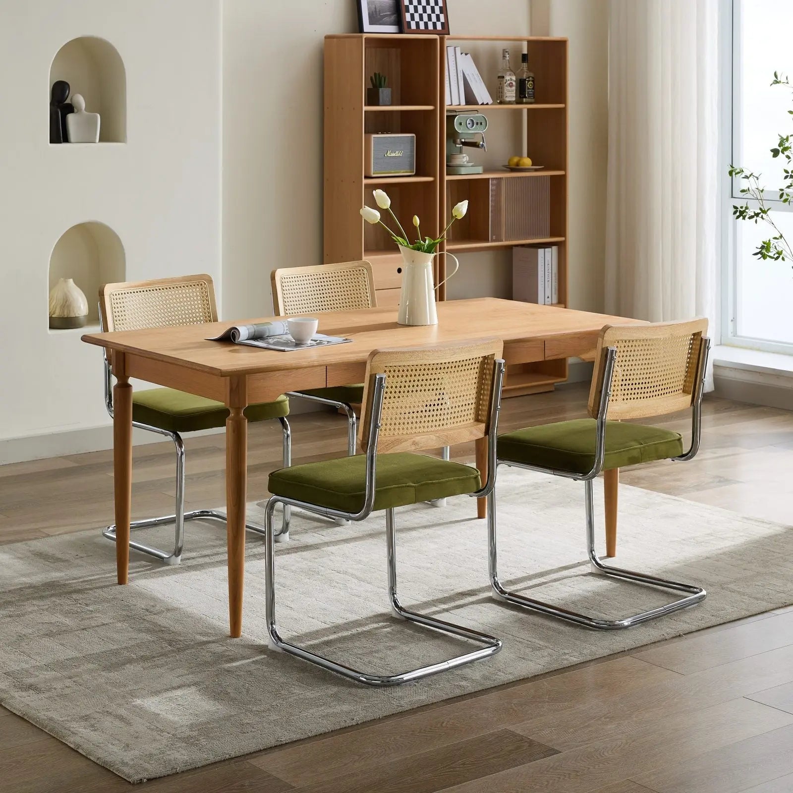 Set of Two Green and Silver Tufted Velvet and Stainless Steel Dining Side Chairs Homeroots Kitchen & Dining